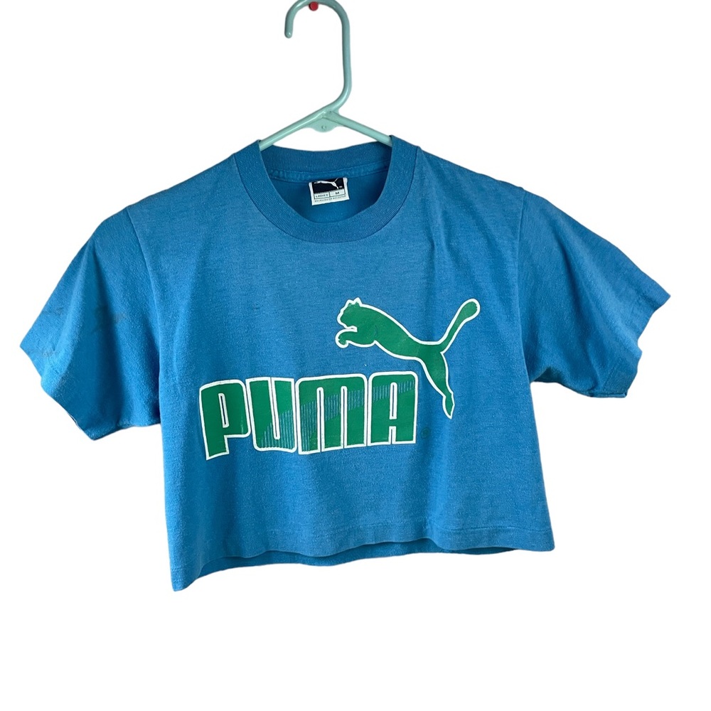 Rare VTG Md PUMA Spell Out Big Logo Womens Crop Top T Shirt 1982 BLUE SHORT SLV
